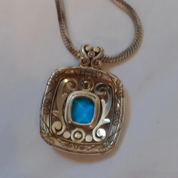 Brighton Blue Stone Scroll Pendant Necklace Silver Tone Snake Chain Elegant - Picture 6 of 12